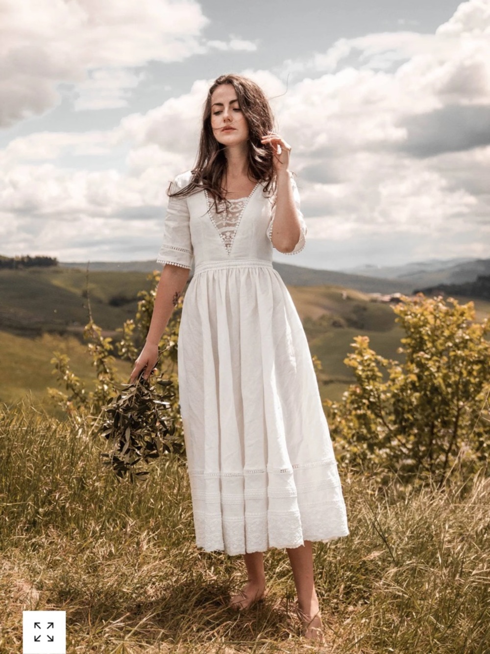 Bohemian White Lace-Panel Midi Wedding Dress